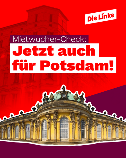 Das Bild ist eine politische Kampagnen-Grafik der Partei „Die Linke“ zu ihrer Mietwucher-App. Der Hintergrund ist rot gehalten, mit weiß-rotem Text, der die Frage stellt: „Bist Du auch betroffen?“. Es wird darauf hingewiesen, dass über 100.000 Haushalte in acht Städten Verdachtsfälle gemeldet haben. Ein Smartphone zeigt eine Website mit der Überschrift „Zahlst du Wuchermiete?“ und einer Person, die Rechnungen überprüft. Link mietwucher.app verweist auf die Plattform, über die Betroffene prüfen können, ob sie Anspruch auf eine Mietsenkung haben.