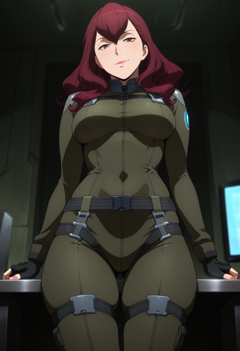 A woman with shoulder-length reddish-maroon hair and red eyes leaning back against a surface, with hands resting on either side, gazing downward with a subtle smile. She is wearing a form-fitting, olive-drab bodysuit, detailed with dark gray straps around the waist and thighs, silver buckles, and shoulder epaulets. The setting appears to be a dimly lit, military-style room, with a blurred computer monitor in the background on the right.