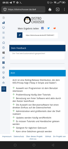 Ein Screenshot eines Ergebnisses von distrochooser.de, Arch Linux empfehlend.