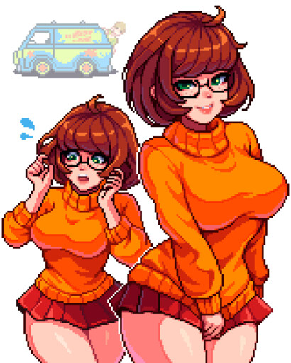 A pixel art illustration of a stylized, curvy version of Velma Dinkley from Scooby-Doo, drawn with a playful and sexy aesthetic. She appears twice in the foreground: on the left, she’s flustered, adjusting her glasses with a surprised expression and a sweat drop near her head; on the right, she’s smiling confidently with a hand tugging down her short red skirt, emphasizing her hips. Velma wears her classic orange turtleneck sweater, red pleated mini skirt, and black glasses. Her bob haircut has a heart-like silhouette, with voluminous, shiny brown hair and green eyes. In the background, the iconic Mystery Machine van is parked, with Shaggy peeking out nervously from behind it. The overall style is colorful, playful, and full of personality.