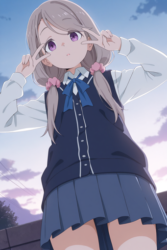 A young woman with light brown hair tied into low pigtails with pink scrunchies, purple eyes and a neutral expression on her face. Viewed from a low angle, she stands making V-shaped 'peace' signs with both hands held near her eyes. She is dressed in a school uniform composed of a white shirt, blue bow tie, dark blue vest, and a matching pleated skirt. The background suggests an outdoor setting during twilight hours, with silhouetted shapes against a softly colored sky.