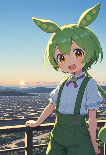 A girl with green hair that resembles pea pods, including two large pod-like antennae, a long curled ponytail, and brown eyes. Standing near a railing looking towards the viewer with a cheerful smile against the backdrop of a sprawling cityscape viewed at sunrise. She wears a white puffed-sleeve shirt with a purple bow tie under green overalls. 