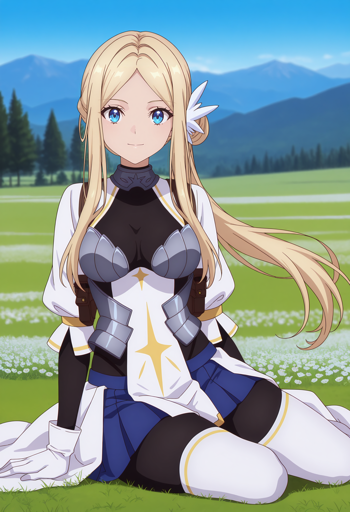 A woman with long blonde hair adorned with a white, wing-like ornament and blue eyes sits gracefully in a lush green meadow dotted with small white flowers. She wears an outfit combining armor and fabric over a black undersuit, a white and gold-trimmed tabard piece, adorned with a yellow star emblem, a short blue skirt, and white gloves and boots. The background features a line of dark green pine trees and distant blue mountains under a clear blue sky.