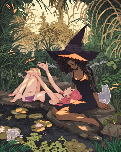 Two characters relaxing at the pond surrounded by a ghost cat and a ghost frog.