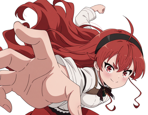 A girl with voluminous, fiery red hair and determined red eyes lunges forward, her right hand outstretched towards the viewer in a dynamic, foreshortened pose, her left hand wound back, ready to punch. She wears a black headband, a white, long-sleeved blouse with a small bow, a red skirt, and a brown harness on her chest. 
