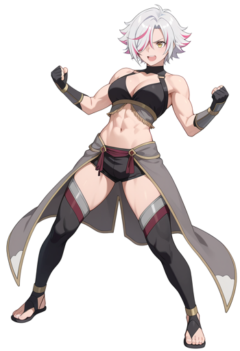 A woman with short white spiky hair featuring bright pink streaks and golden-yellow eyes and a notably muscular physique. She stands against a plain white background in a wide, grounded fighting stance, fists clenched at her sides, looking forward with an energetic smile. Her attire consists of a black halter top, black shorts, black leggings, silver gauntlets, and a gray open-front waist wrap accented with red tassels and metallic details. 
