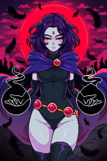 A pixel art illustration of Raven from Teen Titans, standing tall under a blood-red full moon that glows ominously behind her. Her dark purple hair flows softly around her pale face, adorned with her iconic red  gem on her forehead. She wears a sleek, black bodysuit with a deep purple cloak clasped by a red gem at her collar. Around her waist is a golden belt with large red orbs. Her expression is cold and unreadable, eyes glowing with subtle power. Dark energy swirls in both of her hands, forming magical circles with glowing white outlines of open palms. Shadowy silhouettes of feathers spiral around her against the violet and crimson sky, adding to the eerie atmosphere.