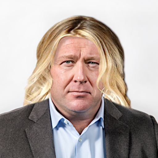 Alex Jones before he becomes the White House Press Secretary - portrait photo with a blonde wig