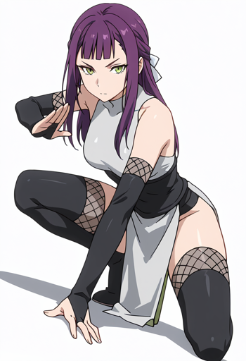 A young woman with purple hair and sharp green eyes is posed in a low crouch looking intently at the viewer. Her attire consists of a sleeveless white high-collared dress cinched by a black belt, black gloves over fishnet sleeves, and black thigh-high stockings over fishnets.